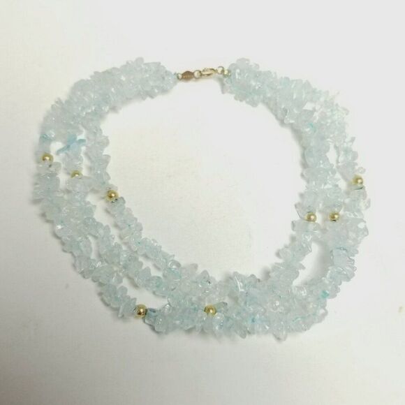 Vintage 14k Clasp Three Strand Light Blue Chip Stone Beaded Bracelet, Estate - Picture 2 of 6